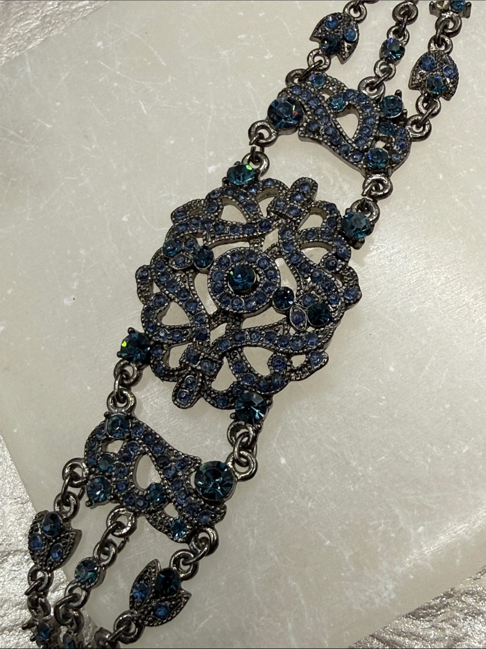 VCLM Blue Crystal Filigree Bracelet gunmetal fairycore openwork enchantment